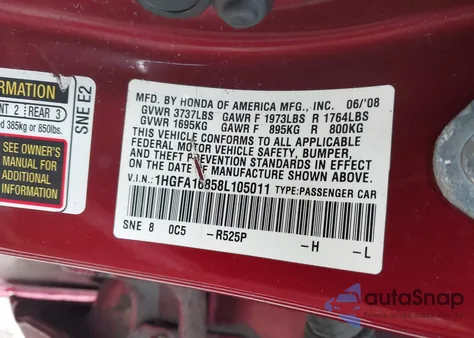 2008 Honda Civic Ex z USA, uszkodzony, nr VIN 1HGFA16858L105011